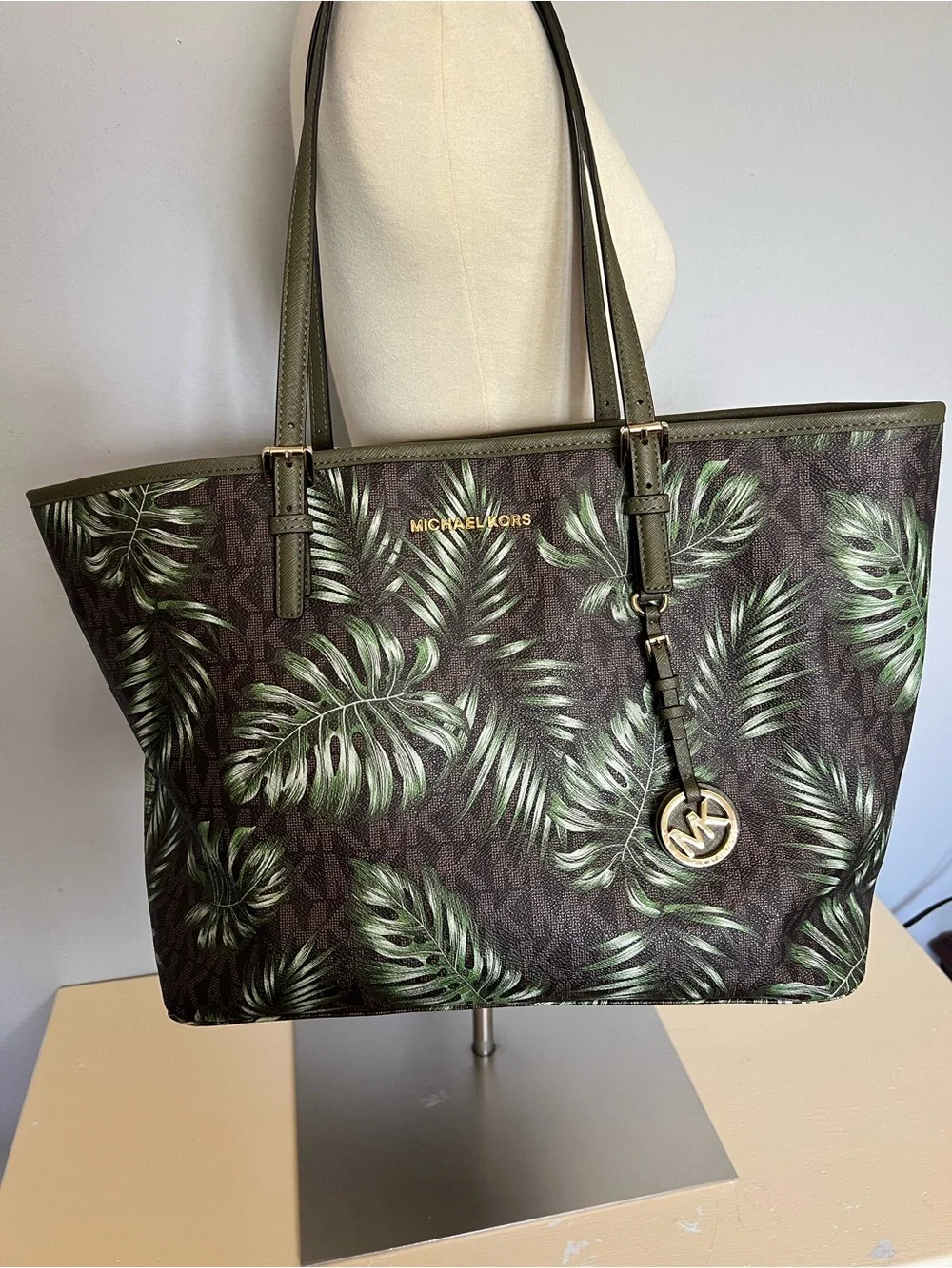 Michael Kors Green Palm-Print Tote with Gold Hardware